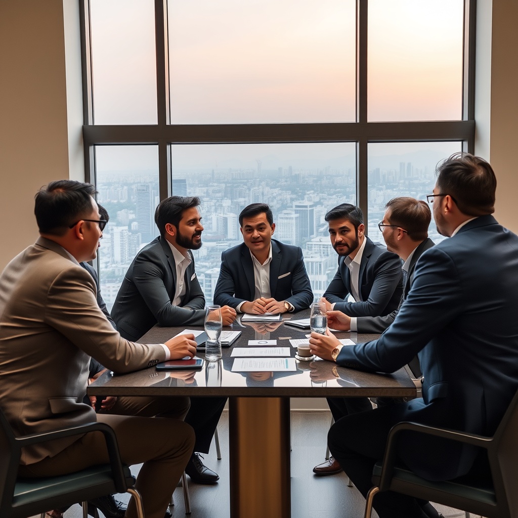 Professional stock photo of a diverse group of international investors discussing cryptocurrency strategies around a table, with Seoul cityscape visible through a window.