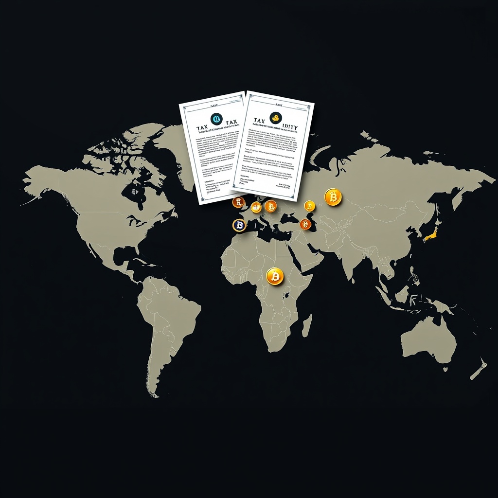 Professional stock photo of a global map with cryptocurrency icons and tax treaty documents, representing international crypto tax policy comparisons.