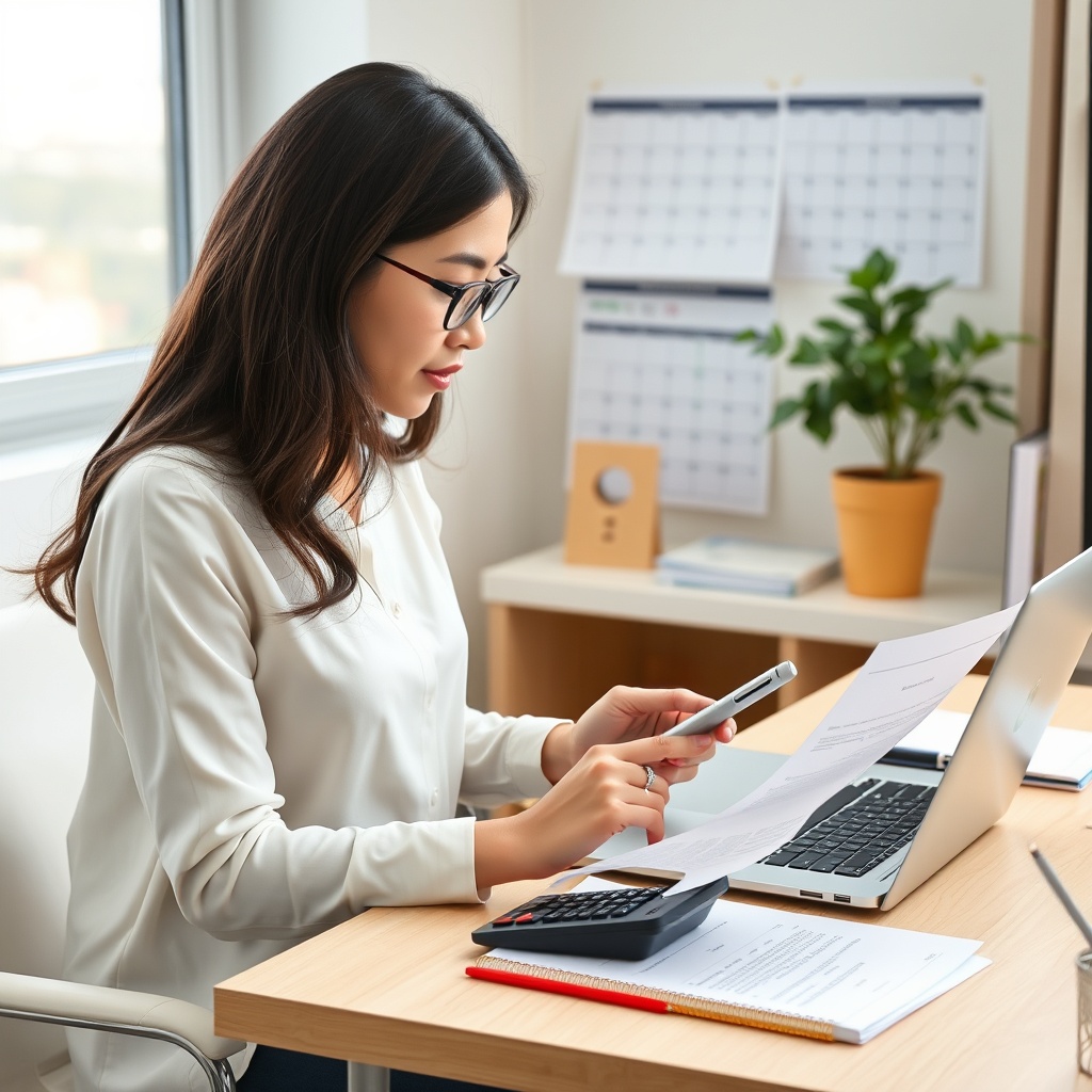 Professional stock photo of a freelancer in a modern home office in Seoul, using a calculator and laptop to review financial documents, with a calendar marked for tax deadlines visible in the background.