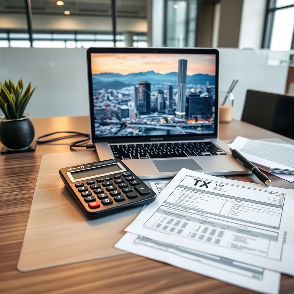 Professional stock photo of a modern office desk with a calculator, tax documents, and a laptop displaying a Korean cityscape, representing local income tax calculations for foreign residents.