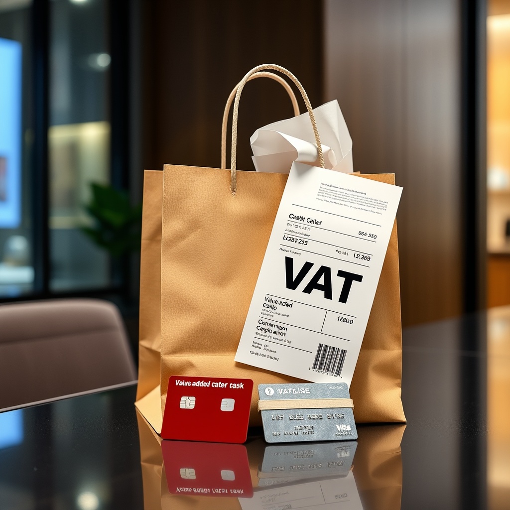 Professional stock photo of a shopping bag with a VAT receipt and a credit card on a sleek table, symbolizing value-added tax and consumption taxes for foreigners in South Korea.