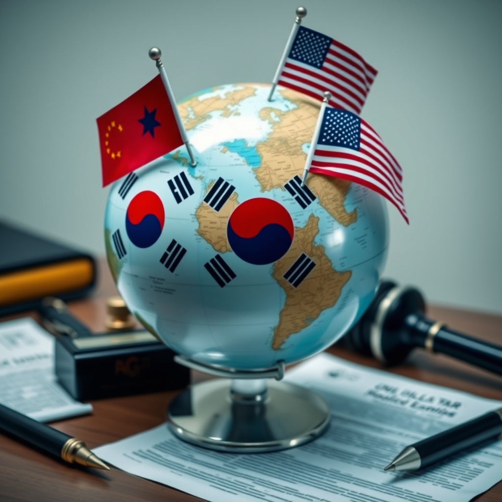 Professional stock photo of a globe with international flags, including South Korea and the US, on a desk with legal documents, representing international tax treaties and double taxation.