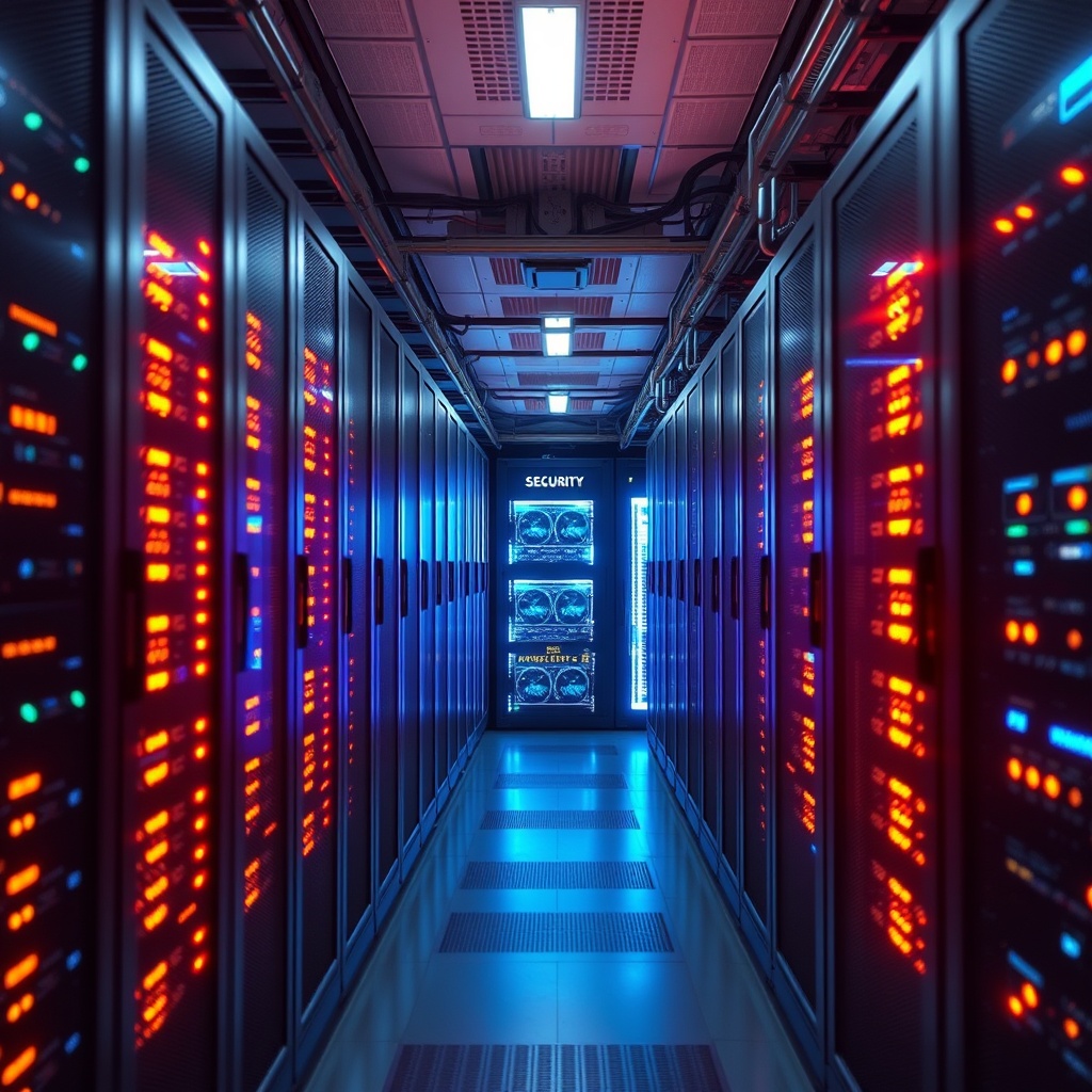 Professional stock photo of a secure server room with glowing lights and advanced computing hardware, symbolizing the security challenges and resilient systems in AI-powered banking.