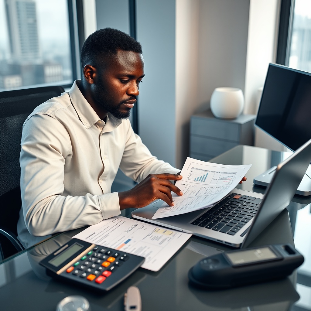 Professional stock photo of a South Sudanese expat analyzing cryptocurrency transaction data on a laptop, with a calculator and tax forms visible on a modern desk, focusing on compliance and calculation.