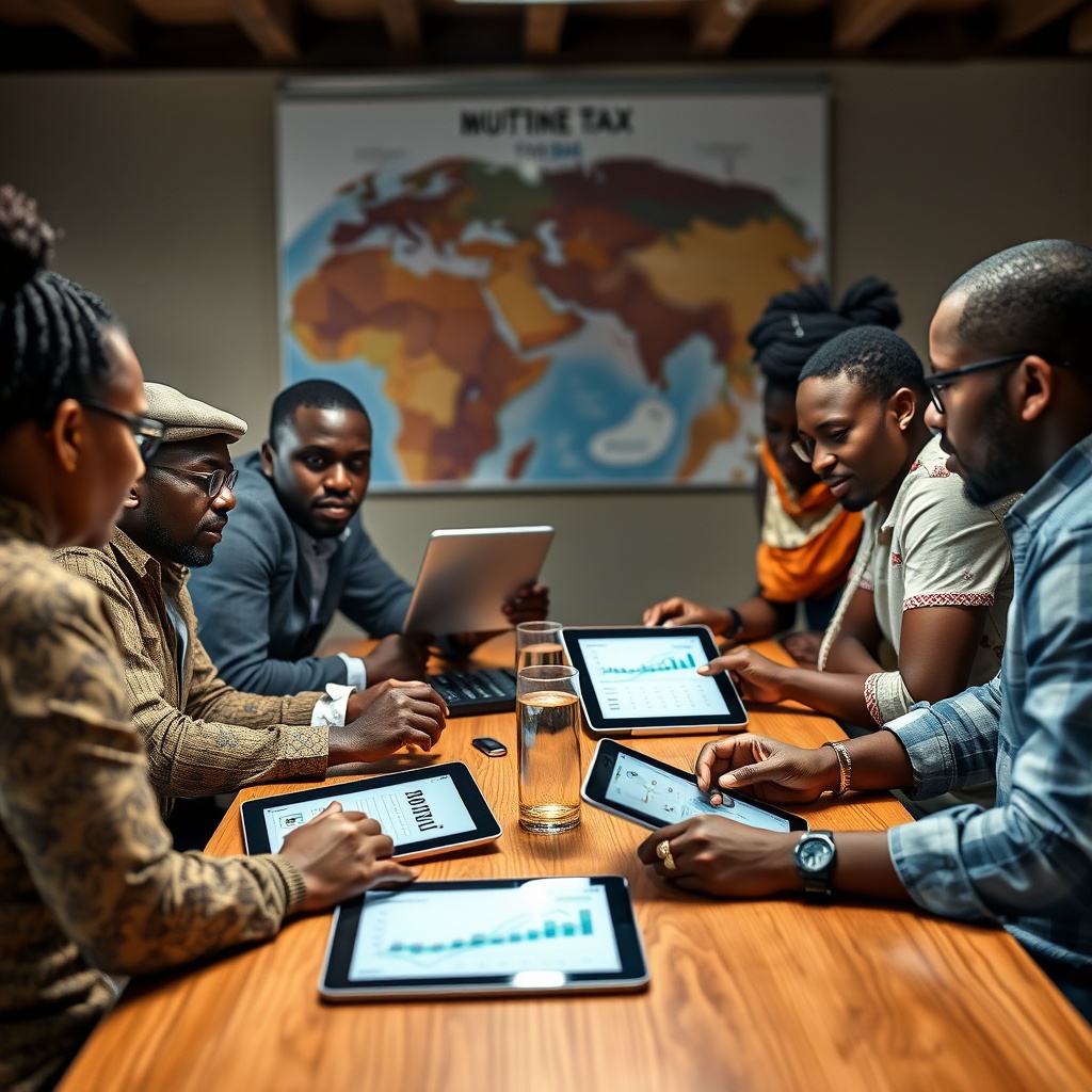 Professional stock photo of diverse expats in South Sudan discussing cryptocurrency investment strategies around a table, with digital tablets showing portfolio charts and tax scenarios.