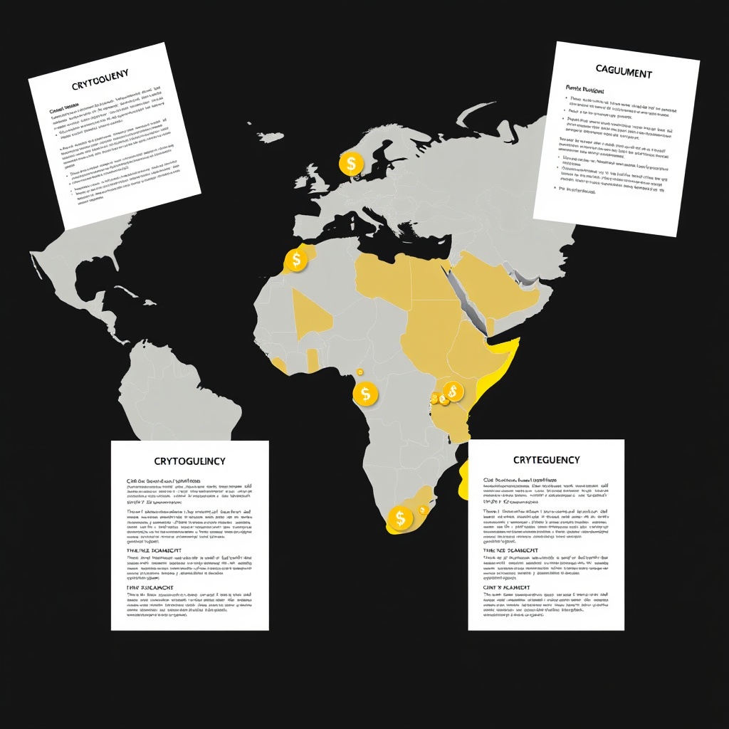 Professional stock photo of a world map with highlighted African nations, overlaid with cryptocurrency symbols and regulatory documents, representing regional tax policy comparisons.