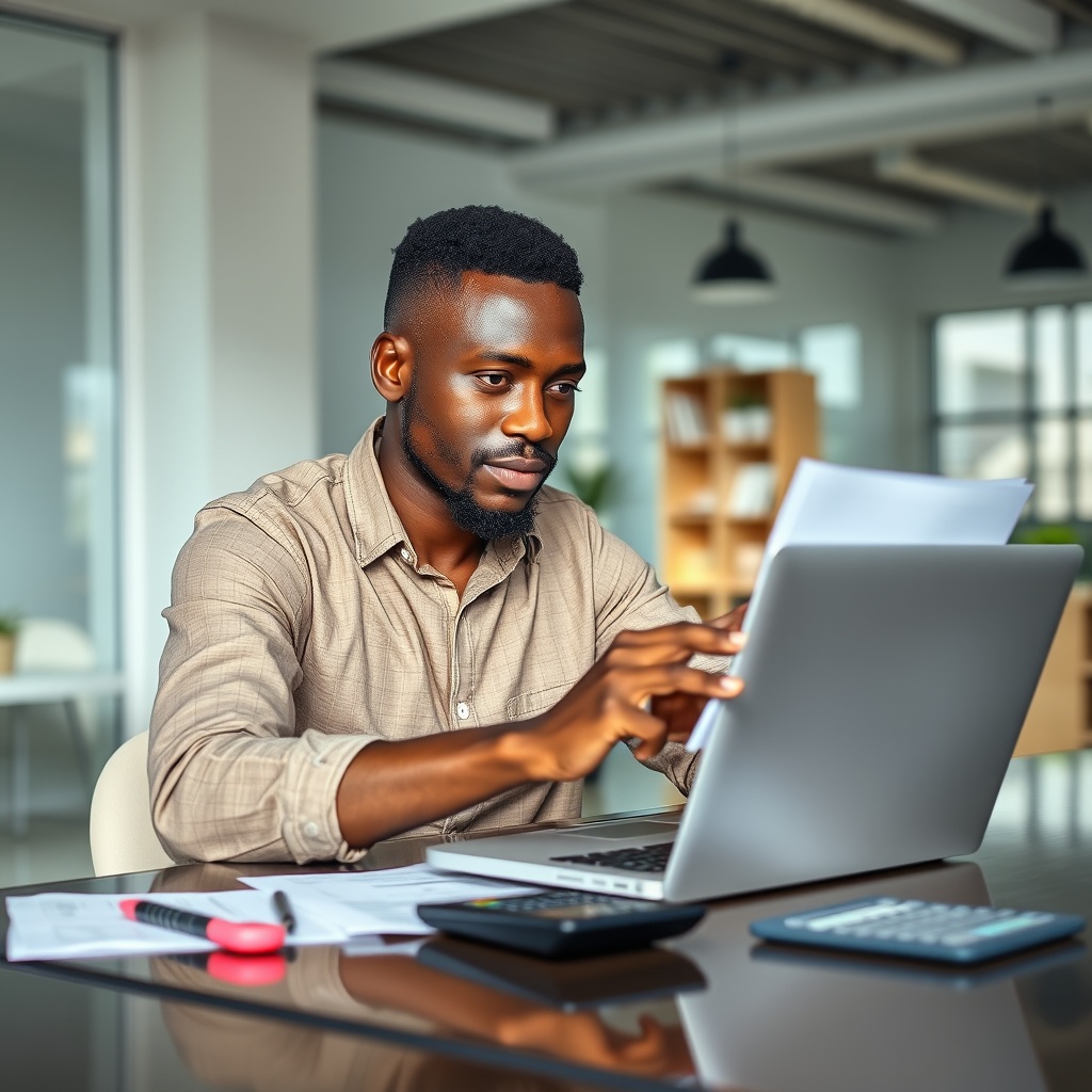 Professional stock photo of a South Sudanese freelancer working on a laptop with tax documents and calculator nearby, focused expression, modern workspace setting, natural lighting, high-quality commercial appearance, no text.