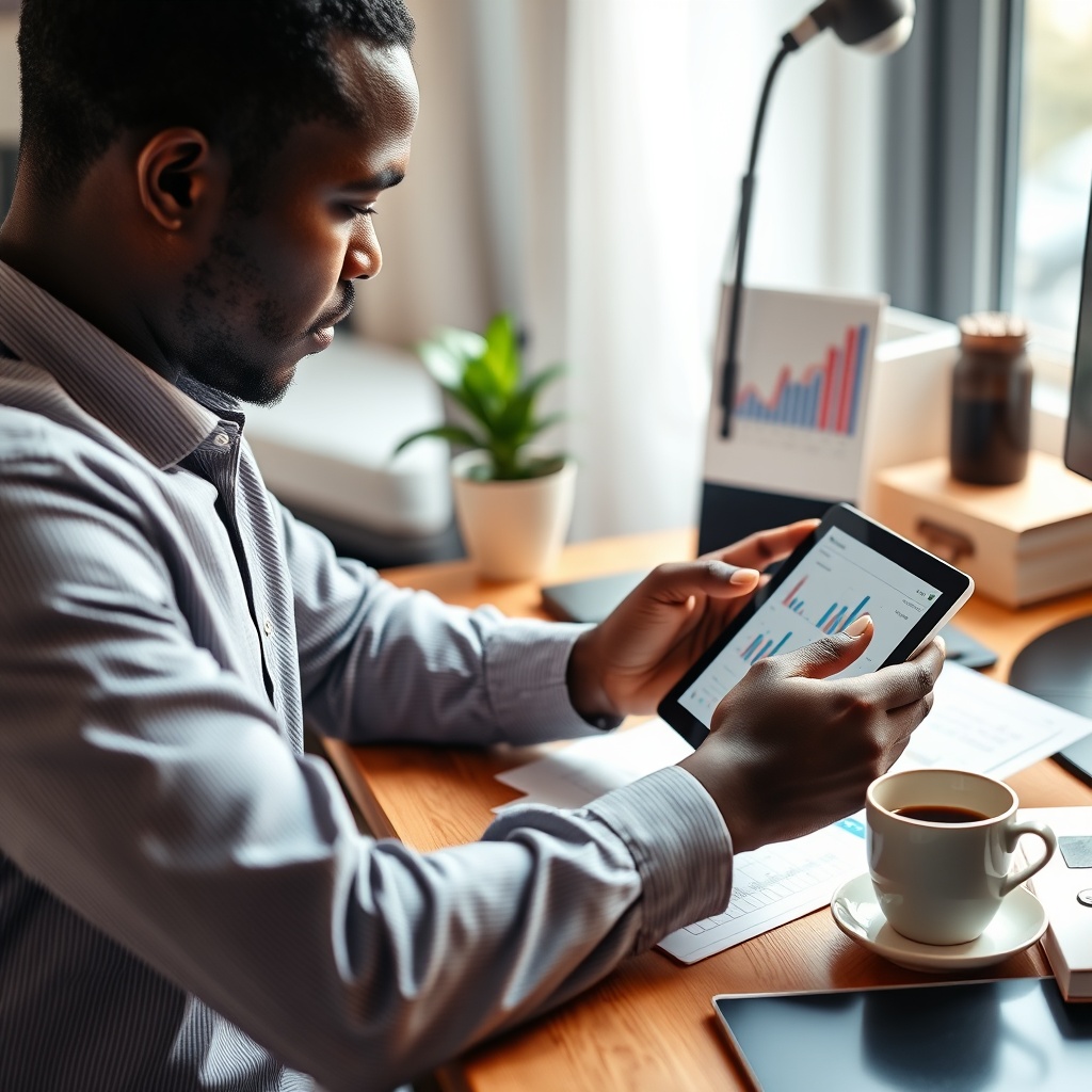 Professional stock photo of a South Sudanese freelancer reviewing financial charts and savings plans on a tablet, with coffee cup on desk, organized workspace, warm lighting, high-quality commercial appearance, no text.