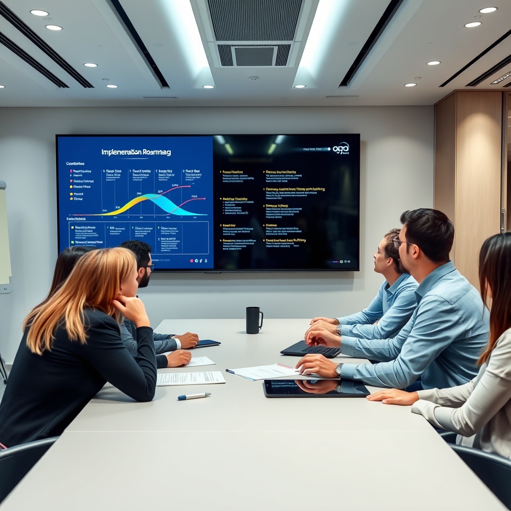 Professional stock photo of a diverse team in a bank's strategy room, collaboratively reviewing a detailed implementation roadmap on a large screen, symbolizing compliance planning.