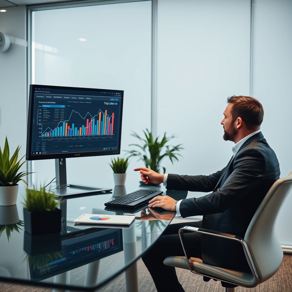 Professional stock photo of a financial planner using sophisticated software to model tax liability forecasts and capital allocation on dual monitors in a sleek office.
