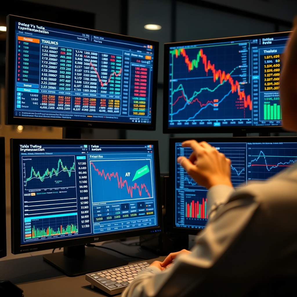 Professional stock photo of a person analyzing cryptocurrency transaction data on multiple digital screens, with charts and graphs visible, representing taxable events and calculations.