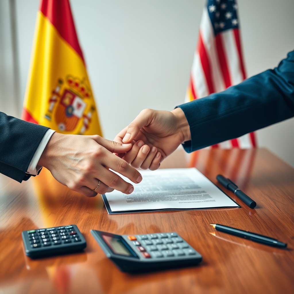 A professional stock photo of two hands shaking over a document with the flags of Spain and the United States in the background, on a polished wooden table with a calculator and pen, representing international tax agreements and cooperation.