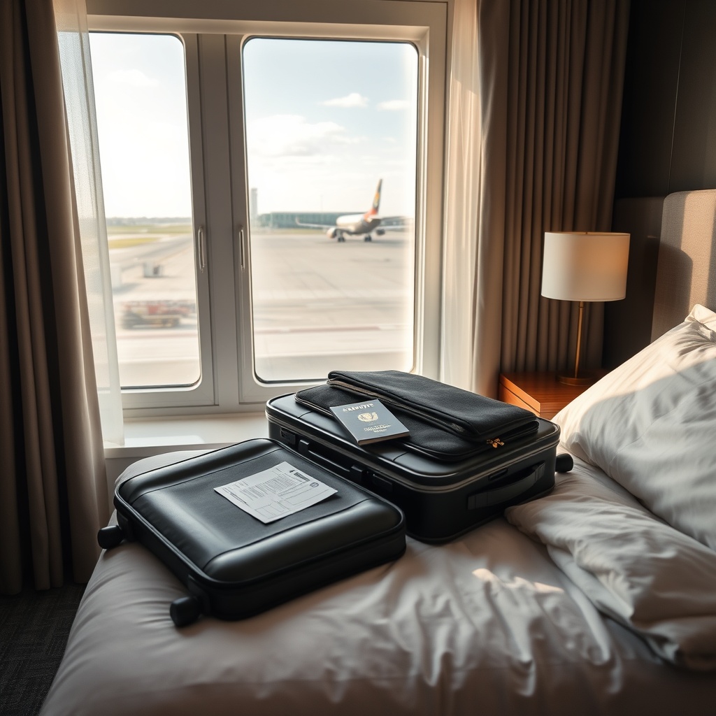 A professional stock photo of a suitcase packed neatly on a bed, with a passport and plane ticket visible, and a window showing an airplane on a runway, symbolizing departure and changing residency.