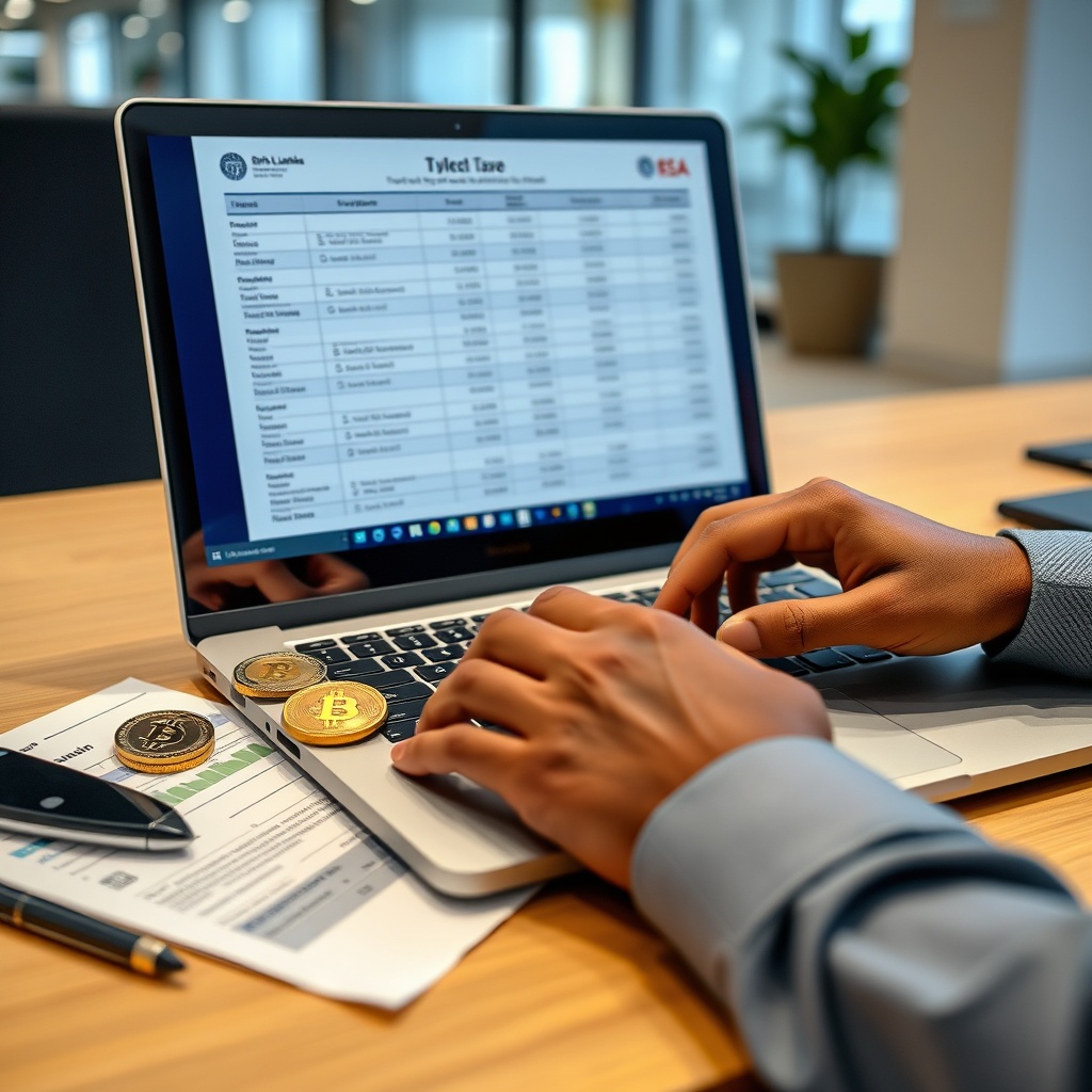 Professional stock photo of a person calculating cryptocurrency taxes on a laptop with Sri Lankan tax documents visible, showing clear focus on financial calculations and digital assets in a modern office setting.