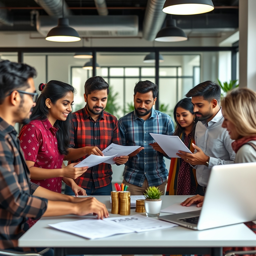 Professional stock photo of diverse expatriates discussing cryptocurrency investment strategies with tax documents in a Sri Lankan co-working space, representing real-world financial scenarios.