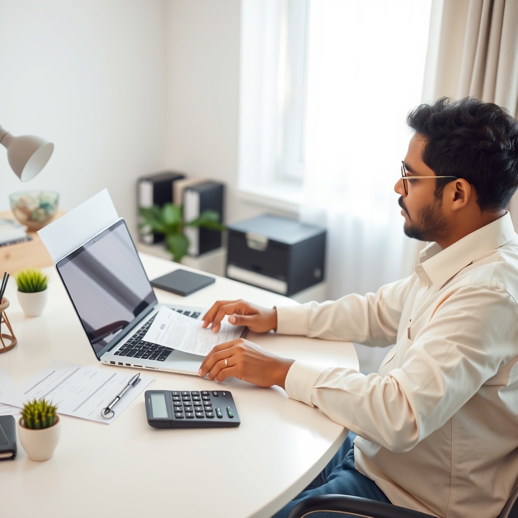 Professional stock photo of a Sri Lankan freelancer working on a laptop with tax documents and a calculator on a modern desk, focusing on financial planning and compliance in a bright, organized home office setting.