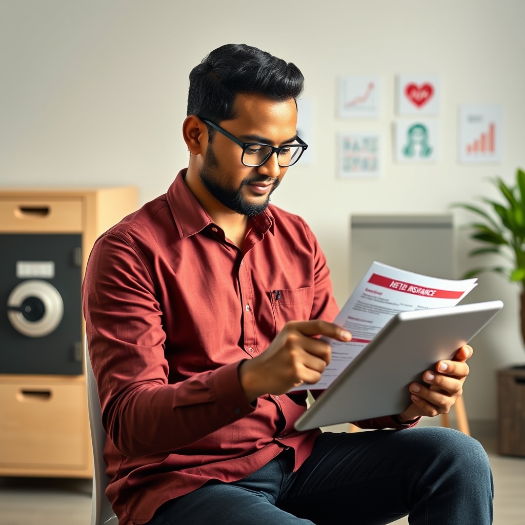 Professional stock photo of a Sri Lankan freelancer reviewing health insurance documents and emergency fund savings on a tablet, with a secure safe and medical symbols in the background, in a calm, well-lit workspace.