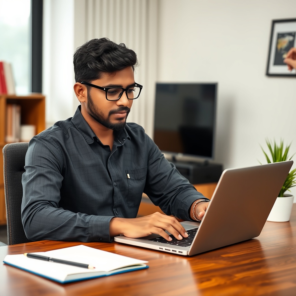 Professional stock photo of a Sri Lankan freelancer managing international payments on a laptop with currency exchange charts and global client icons visible, in a sleek, professional home office environment.