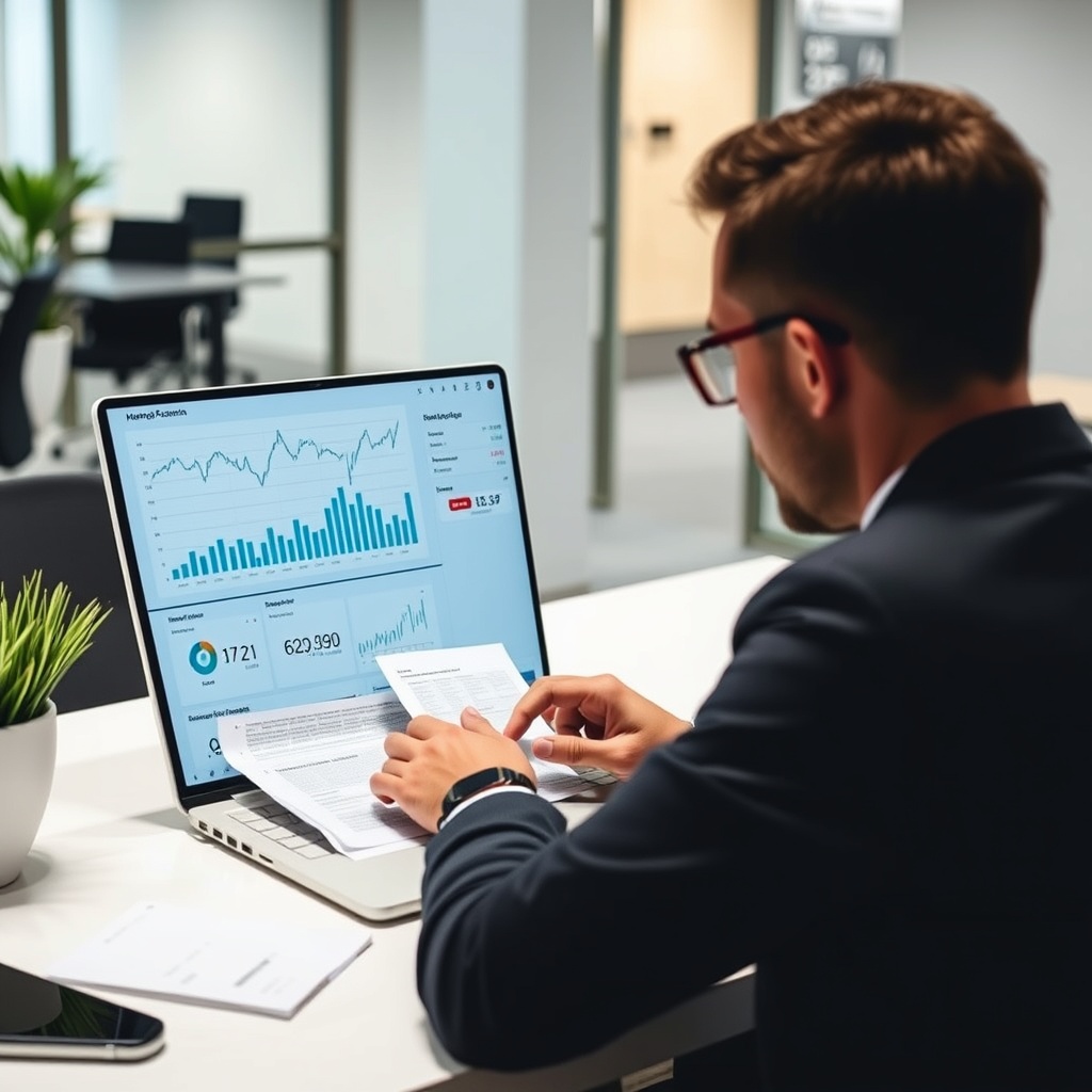 Professional stock photo of a person analyzing cryptocurrency tax calculations on a laptop with charts and financial data visible, set in a modern office environment with a clean, focused aesthetic.