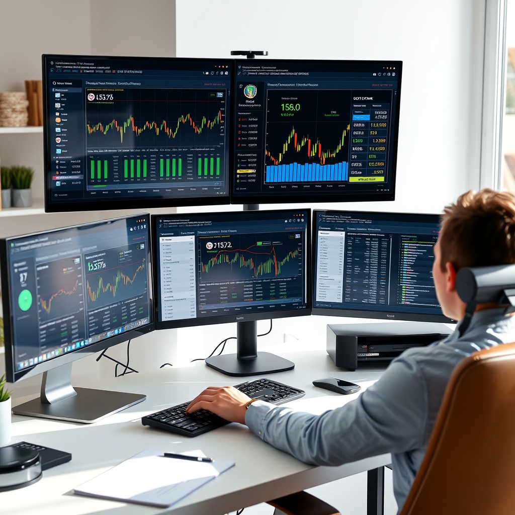 Professional stock photo of a person using crypto tax software on multiple screens, showing portfolio trackers and transaction data, in a well-organized home office setting with natural light.