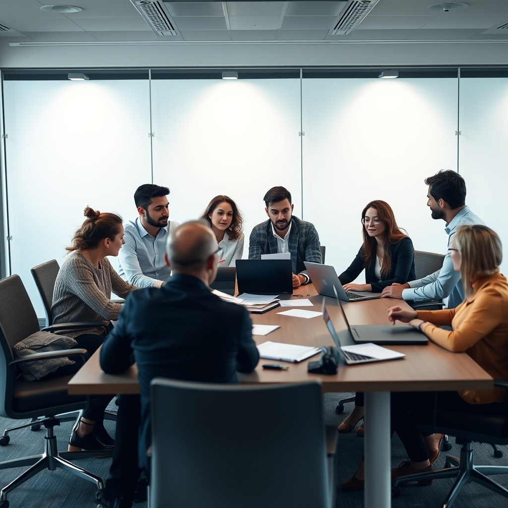 Professional stock photo of diverse expats discussing crypto tax strategies around a table with documents and laptops, representing international collaboration in a contemporary meeting room.