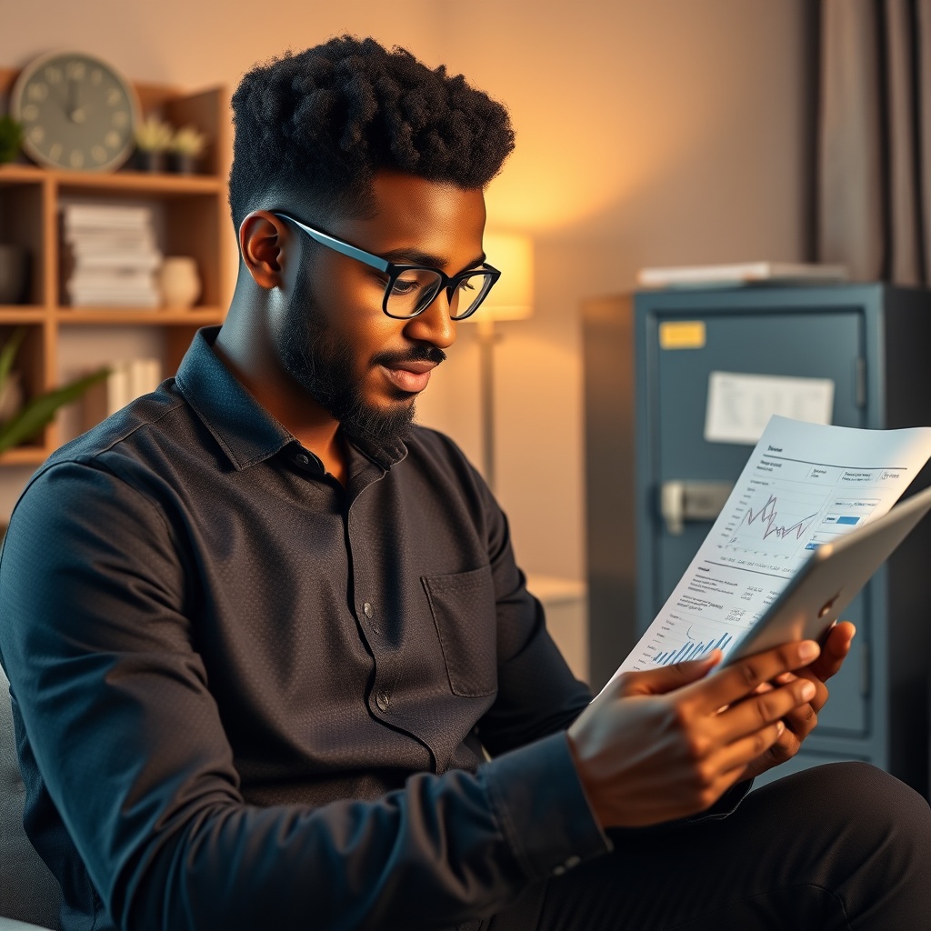 Professional stock photo of a Sudanese freelancer reviewing insurance documents and financial charts on a tablet, with a secure safe or lockbox in the background, modern home office environment with warm lighting.