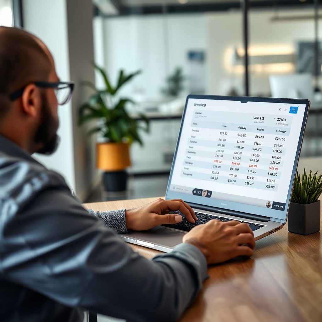 Professional stock photo of a person in a modern office setting in Tuvalu, reviewing international payment invoices on a laptop screen with currency exchange rates displayed, showing efficient financial management for freelancers.