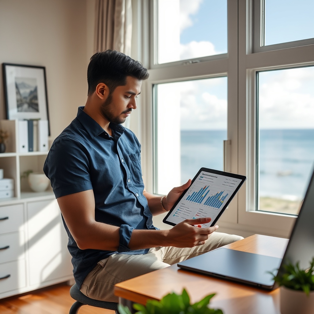 Professional stock photo of a Tuvaluan freelancer in a home office, reviewing retirement planning documents and investment portfolio charts on a tablet, with a serene coastal view visible through the window.