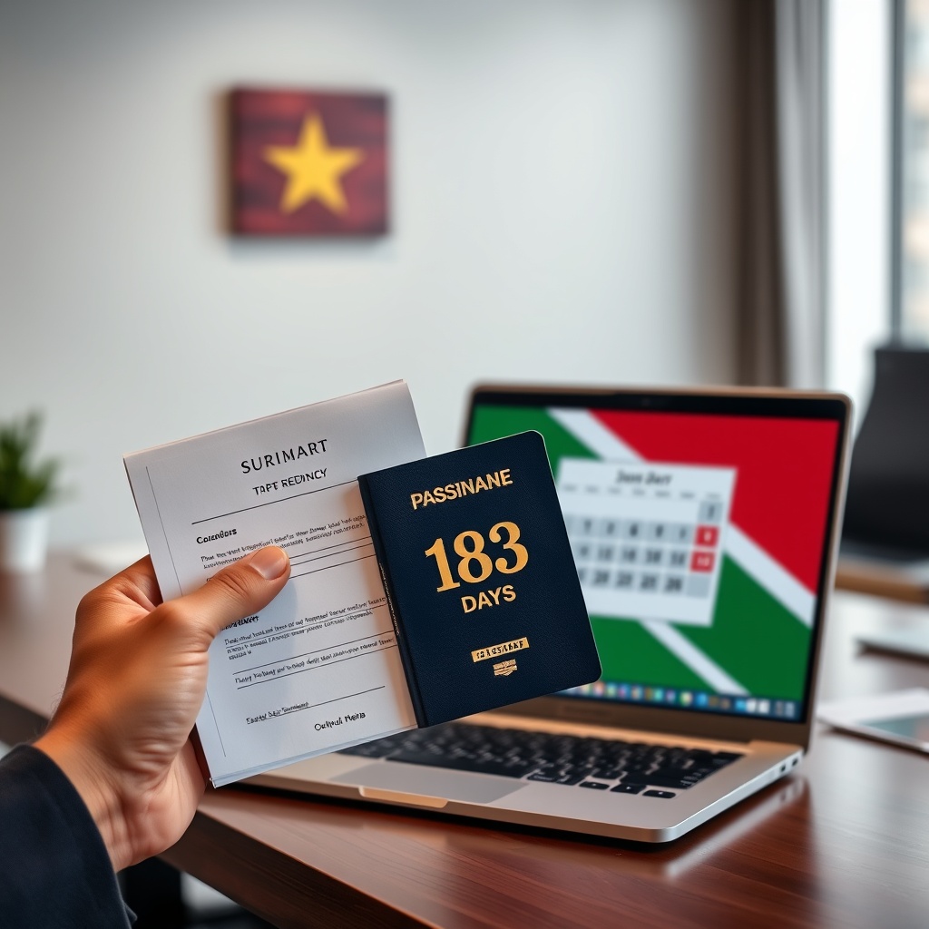 Professional stock photo of a person holding a passport and residency documents, with a laptop displaying a calendar showing 183 days, set in a modern office environment with a subtle Suriname flag in the background.