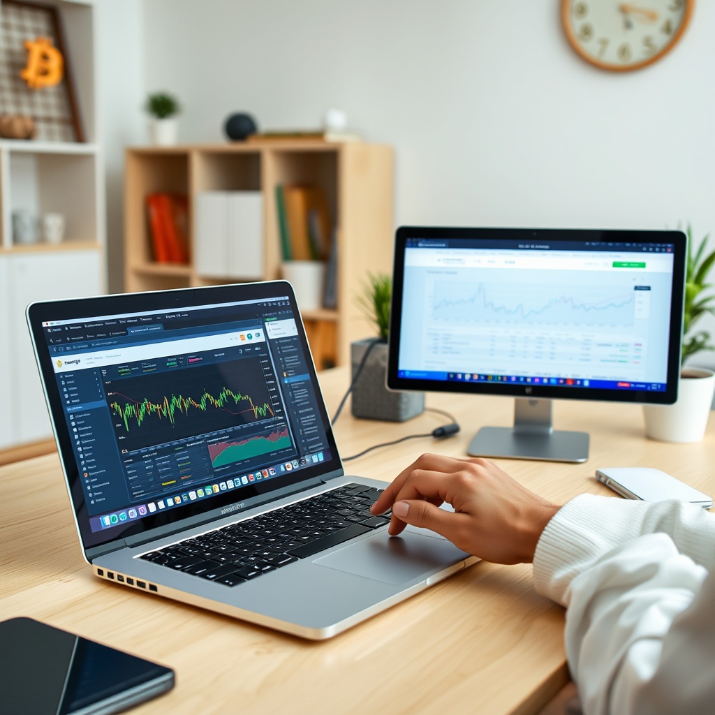 Professional stock photo of a person using a laptop with multiple crypto exchange dashboards and tax software interfaces open, in a clean, organized home office setting.