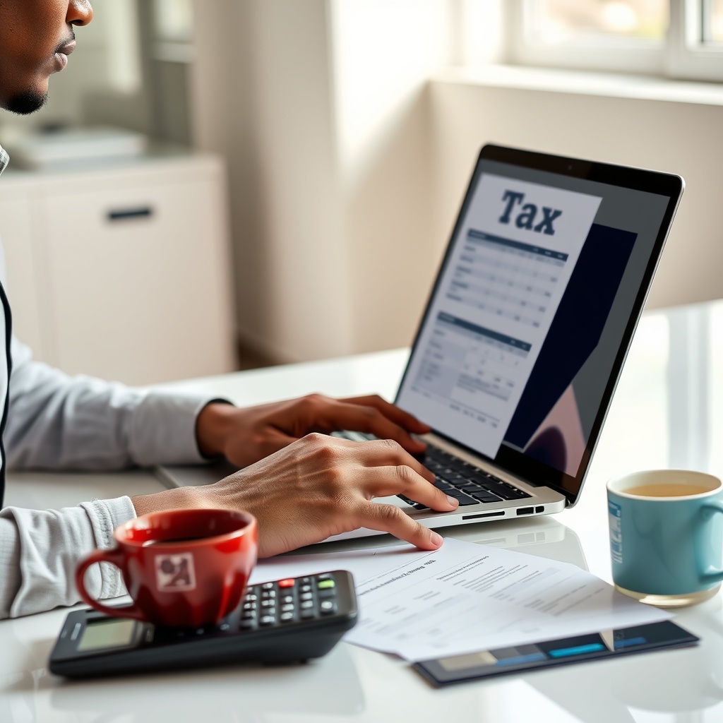 Professional stock photo of a person in Suriname reviewing tax documents on a laptop, with a calculator and coffee cup on a modern desk, natural lighting, clean office background.