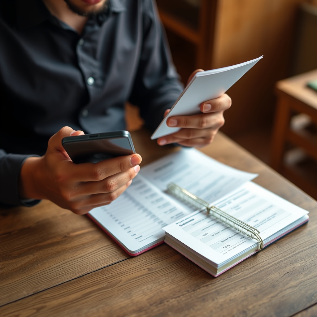 Professional stock photo of a freelancer in Suriname using a smartphone app to track expenses, with receipts and a notebook on a wooden table, warm indoor lighting.