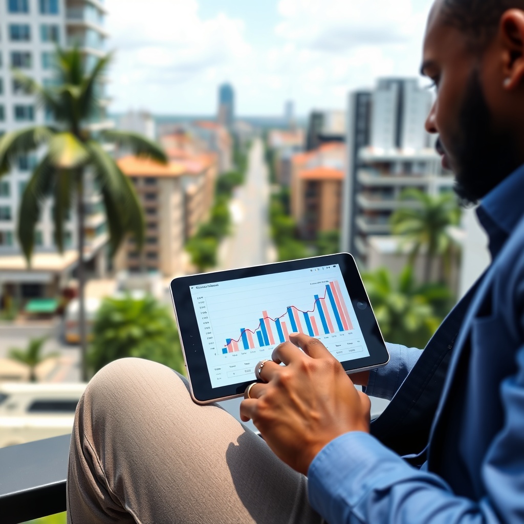 Professional stock photo of a freelancer in Suriname analyzing financial growth charts on a digital tablet, with a cityscape view in the background, daytime setting.