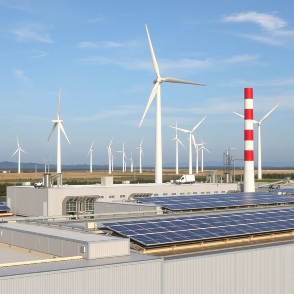 Professional stock photo of a modern industrial factory with solar panels on the roof and wind turbines in the background, representing sector-specific tax impacts and compliance roadmaps for manufacturing, transportation, and energy.