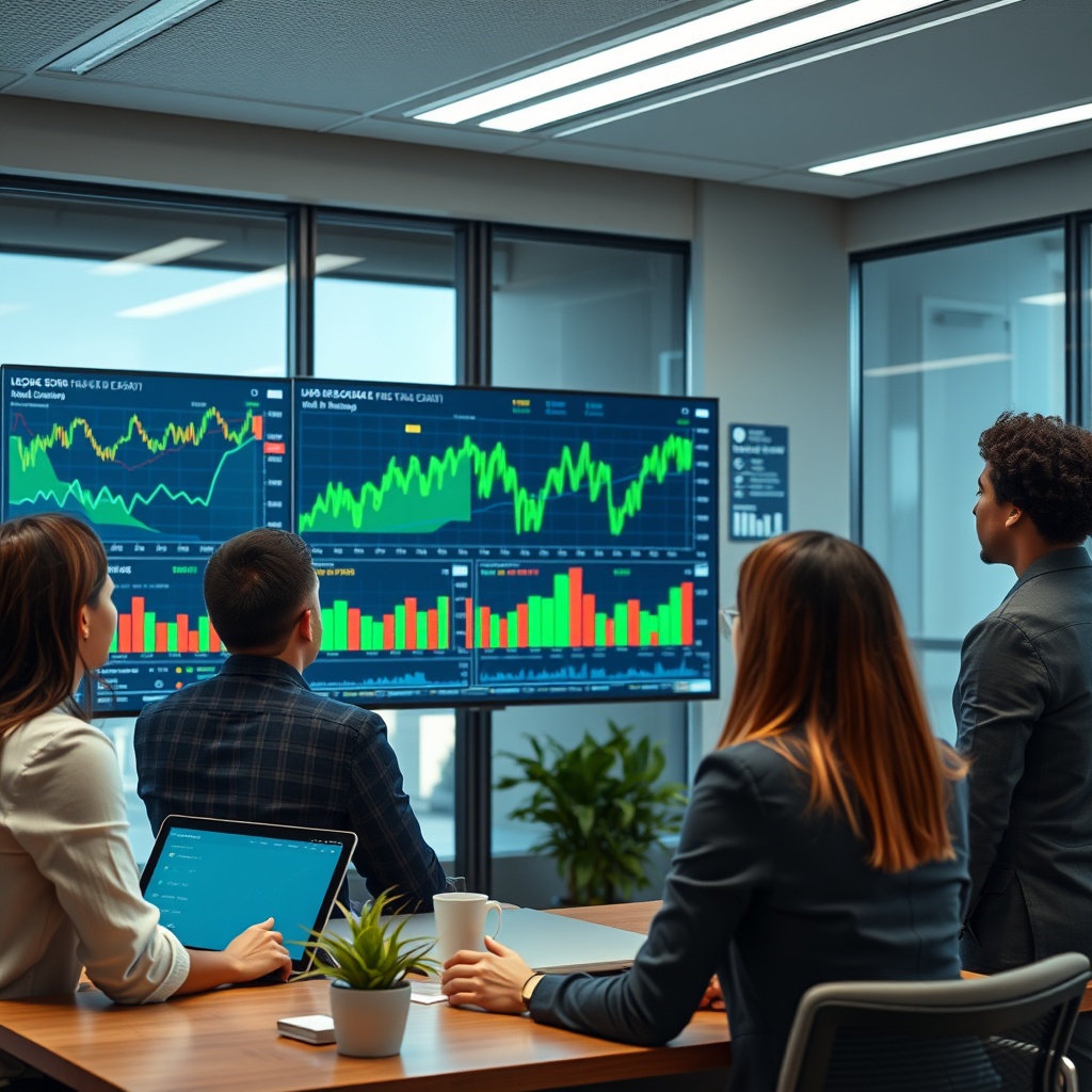 Professional stock photo of a diverse group of people in a modern office reviewing financial charts on a digital screen, symbolizing technological innovation, green industrial policy, and R&D tax credits.