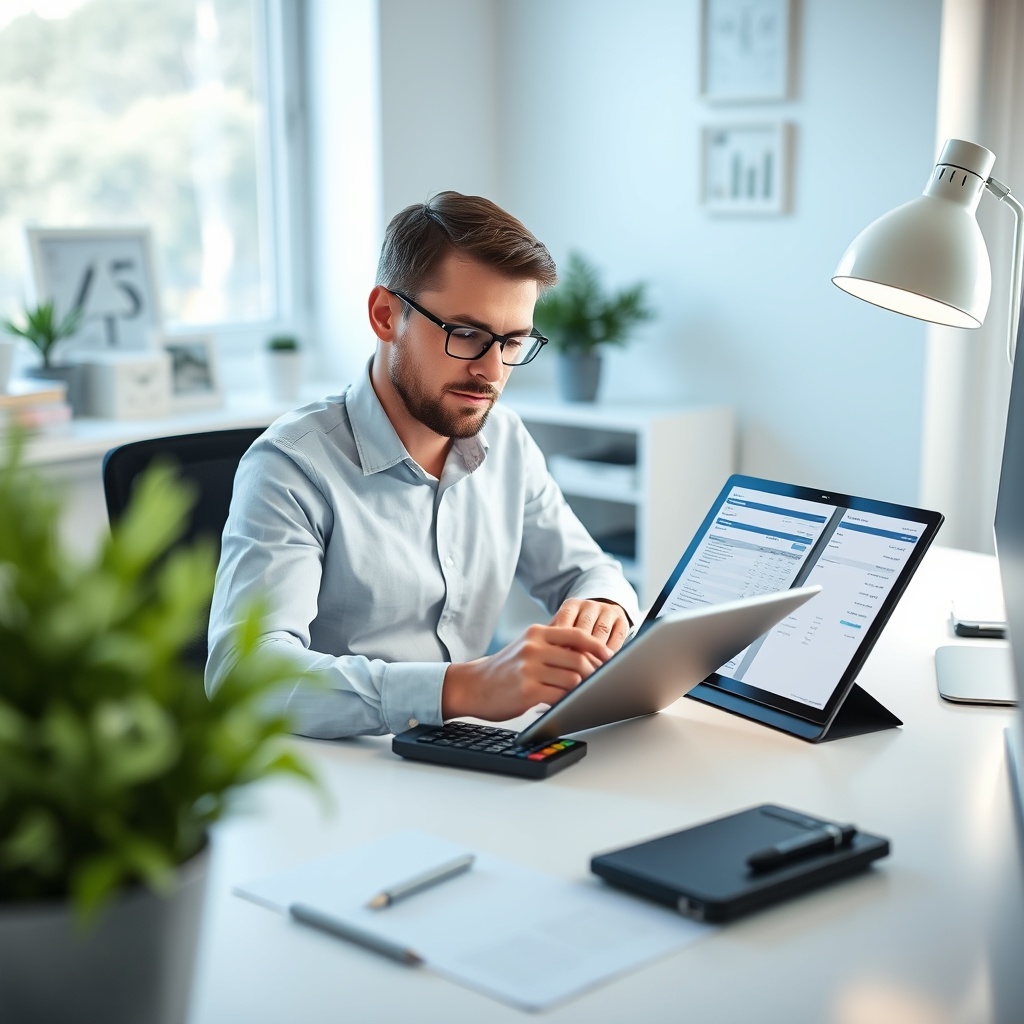 Professional stock photo of a Swedish freelancer at a modern desk, using a calculator and digital tablet with tax forms on screen, in a bright home office with natural light, focused expression.