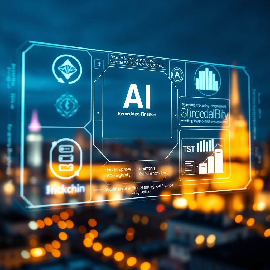 Professional stock photo of a futuristic, glowing digital interface showing emerging fintech concepts like AI, blockchain, and embedded finance, with a blurred Swedish cityscape in the background.
