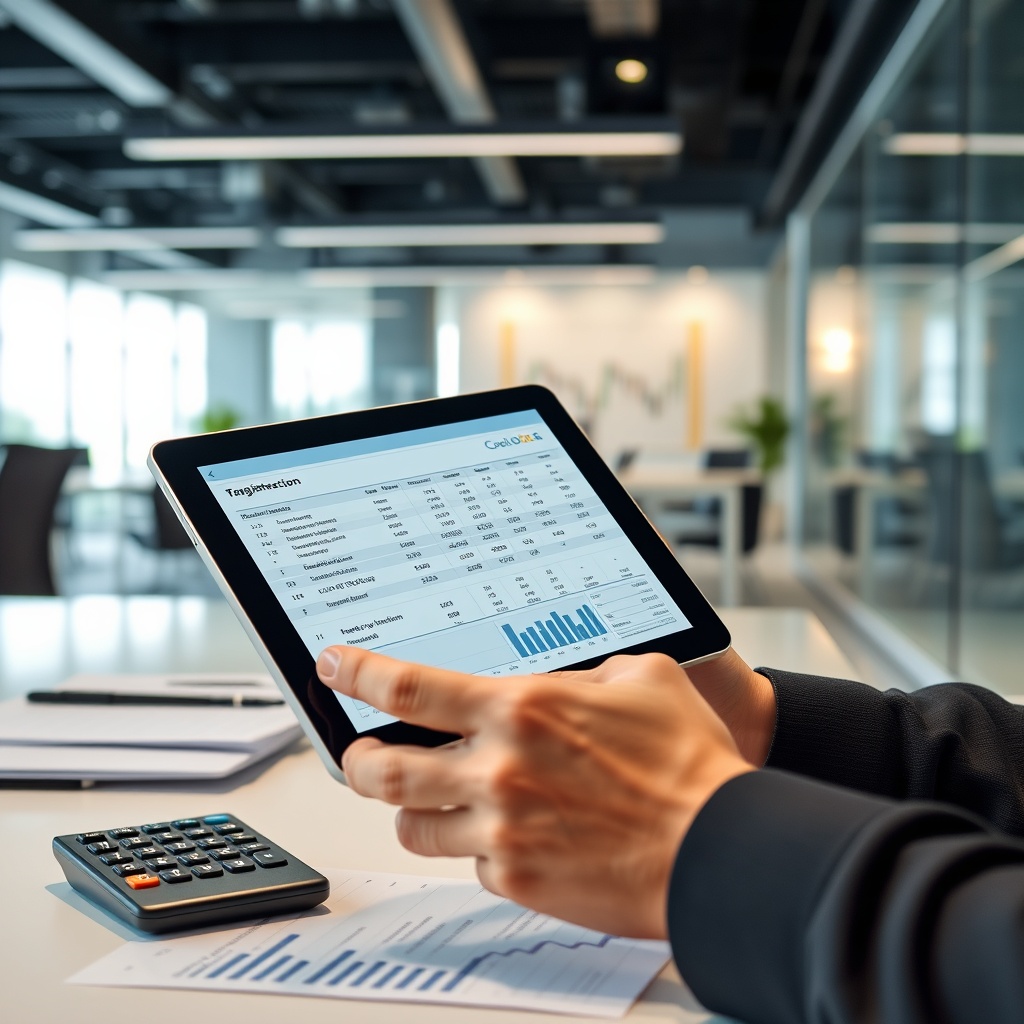 Professional stock photo of a person in a modern office environment using a digital tablet to review cryptocurrency transaction records and tax documents, with a calculator and financial charts visible in the background, representing registration and compliance.