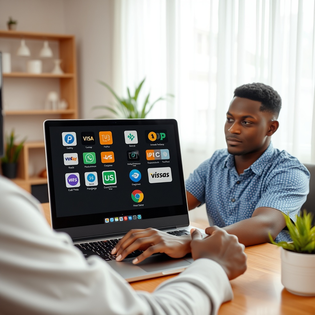Professional stock photo of a Ugandan freelancer using a laptop with multiple digital payment app icons displayed on screen, including mobile money and international gateway logos, in a modern home office setting with natural light.
