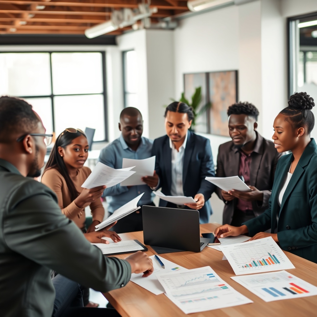 Professional stock photo of a diverse group of Ugandan freelancers in casual business attire discussing retirement planning documents and investment charts around a table in a bright co-working space.