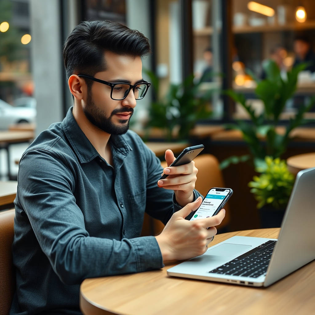 Professional stock photo of a freelancer using a smartphone with a banking app open, sitting at a café table with a laptop, representing digital banking and payment solutions.