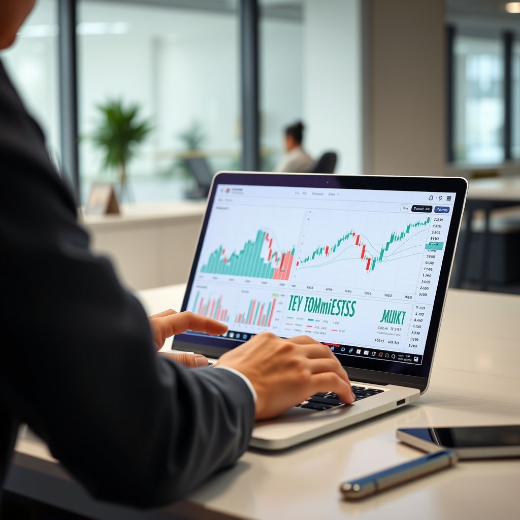 Professional stock photo of a person analyzing cryptocurrency investment charts on a laptop, with a clean modern office background, focusing on capital gains calculation concepts.