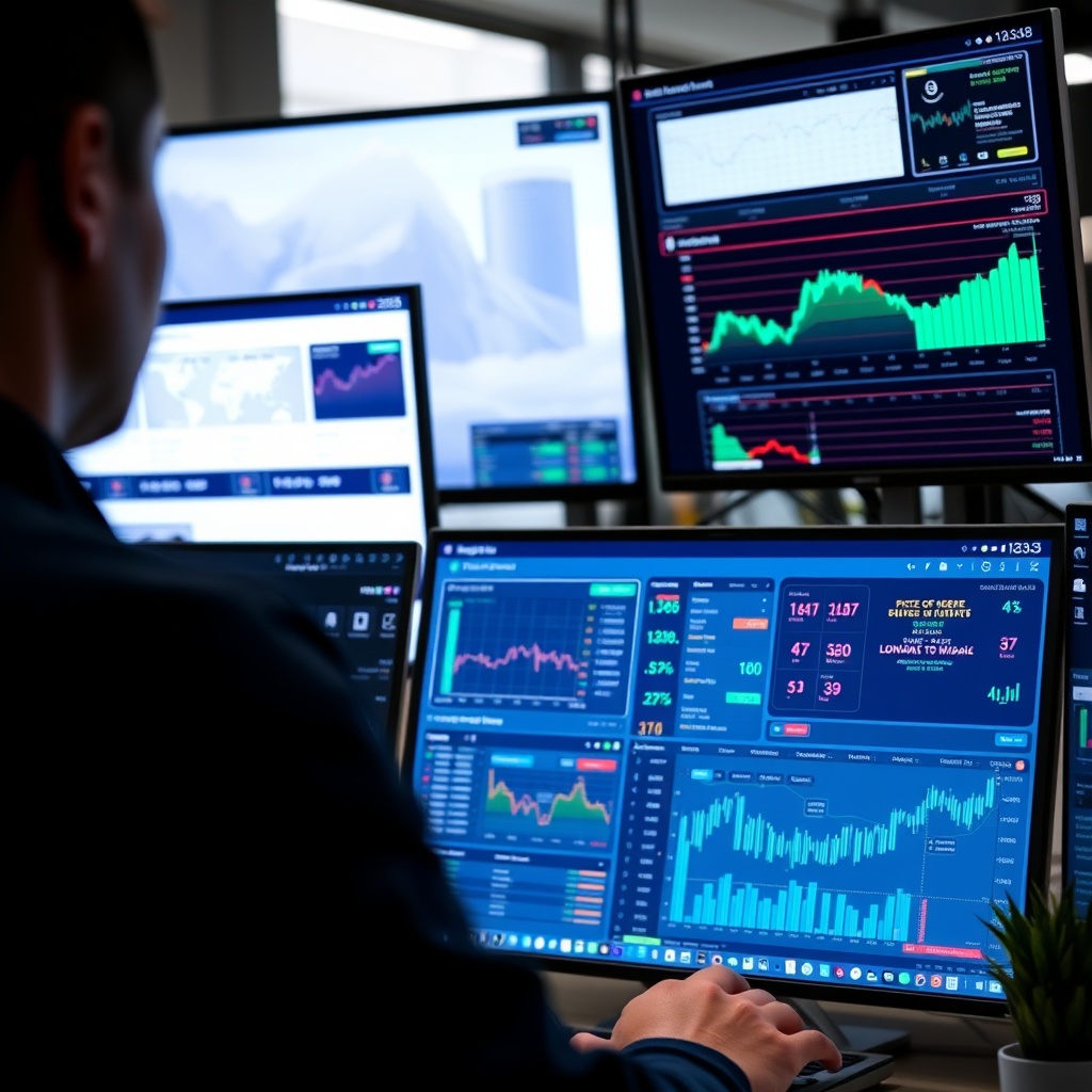 Professional stock photo of a person interacting with decentralized finance and NFT interfaces on multiple screens, in a tech-savvy workspace setting.
