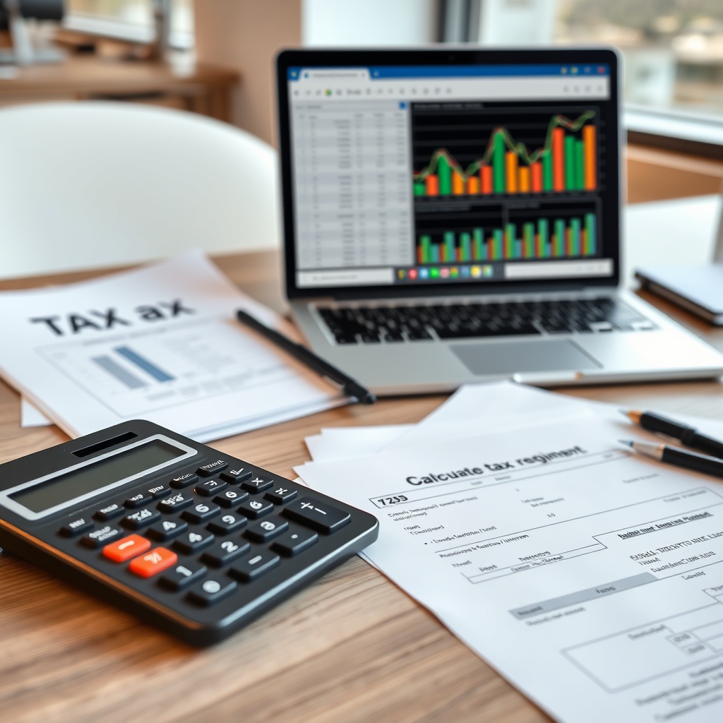 Professional stock photo of a modern office desk with a calculator, tax documents, and a laptop displaying financial charts, representing special tax regimes and calculation processes for foreigners in Switzerland.