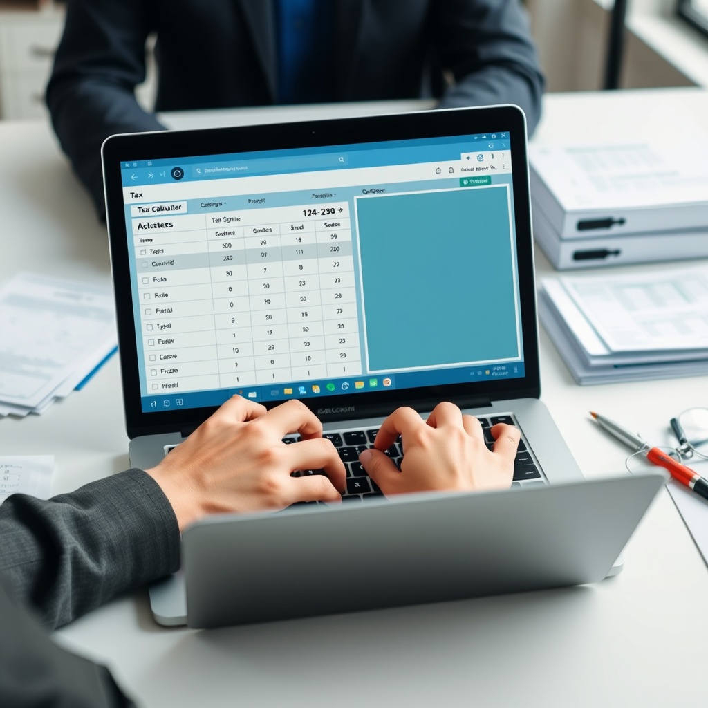 Professional stock photo of a person using tax calculation software on a laptop, with a clean desk setup and documents organized, symbolizing compliance tools and filing procedures.