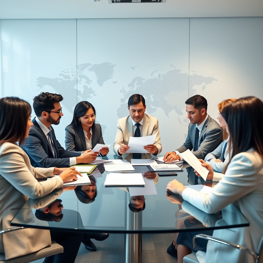 Professional stock photo of a diverse group of international professionals in business attire discussing documents at a glass conference table with a world map in the background, symbolizing cross-border taxation and global income considerations.