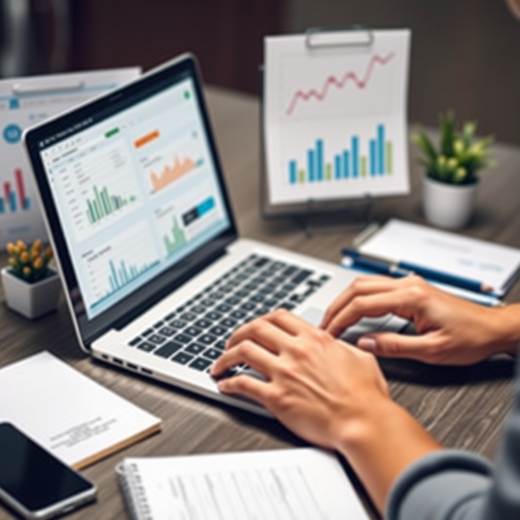 Professional stock photo of a person using a laptop with accounting software open, surrounded by financial charts and a notebook, depicting digital tools for tax management.