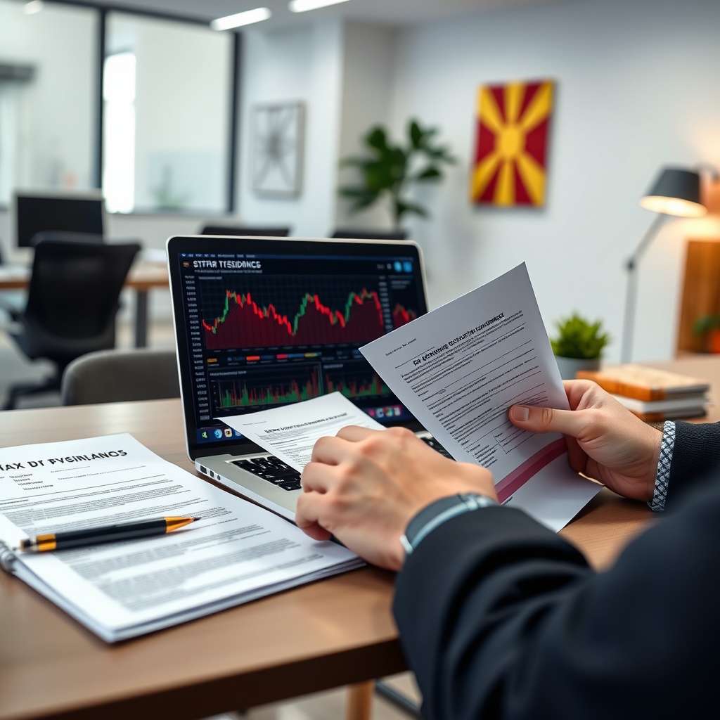 Professional stock photo of a person reviewing tax residency documents with a laptop showing cryptocurrency charts in the background, set in a modern office environment with subtle Macedonian cultural elements.