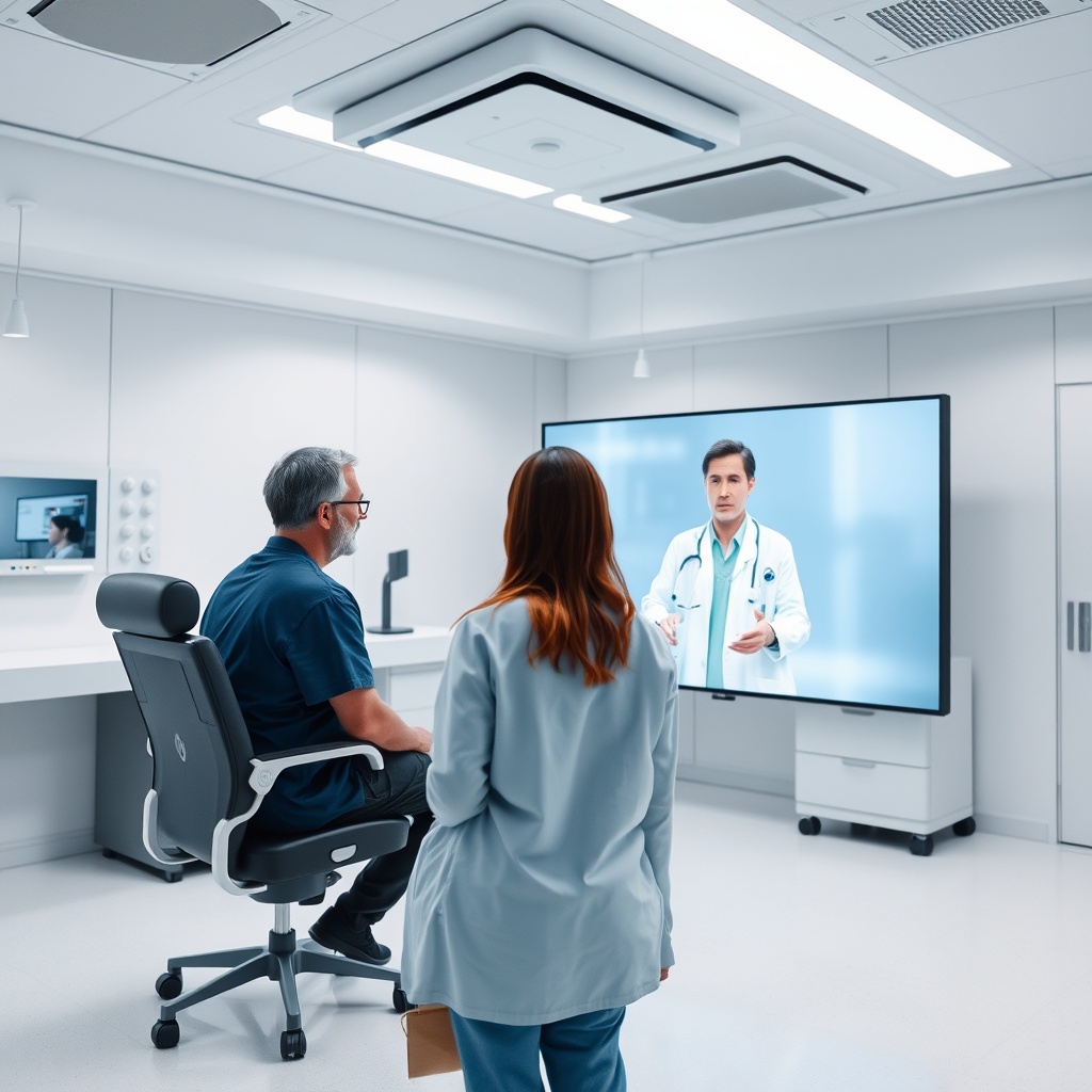 Professional stock photo of a futuristic, clean hospital room with a doctor consulting a patient via a large, high-resolution digital screen, representing telemedicine and advanced healthcare technology.