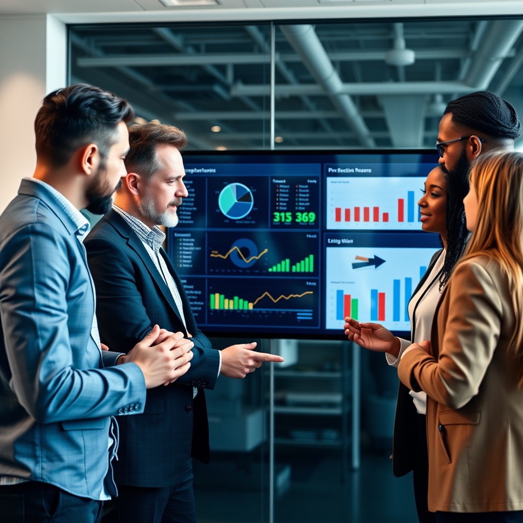Professional stock photo of a diverse group of business professionals collaborating around a digital dashboard in a modern office, analyzing data and discussing strategy for overcoming implementation challenges.